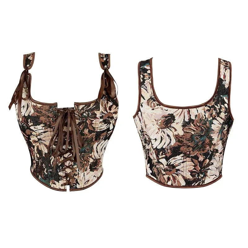 Brown Steampunk Corset Bustier Shoulder Strap Sleeveless Tank Top With Lace-Up Boning - Xxxl