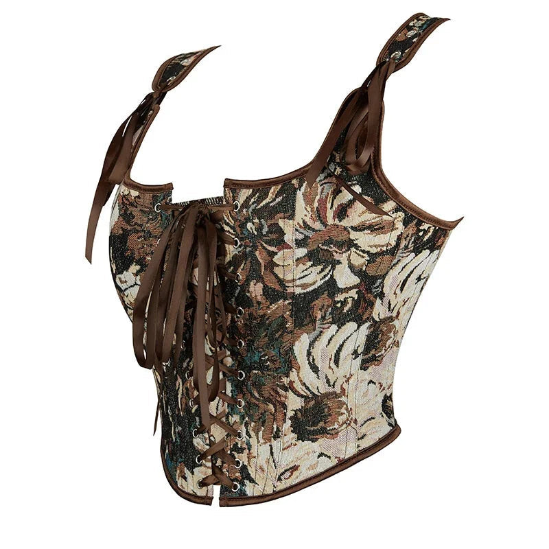 Brown Steampunk Corset Bustier Shoulder Strap Sleeveless Tank Top With Lace-Up Boning - Xxxl