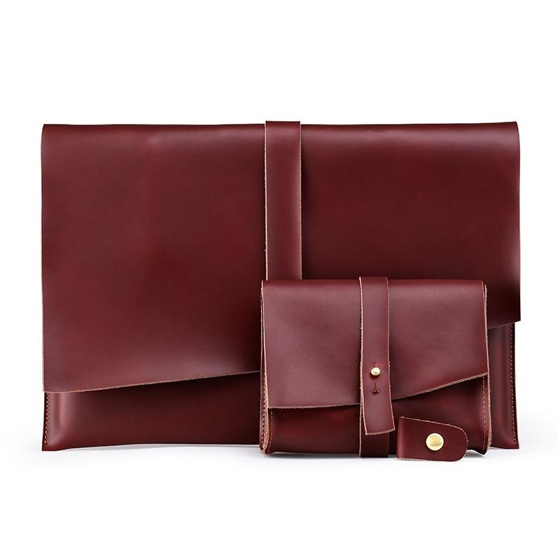 13.3 Inch Genuine Leather Laptop Bag With Power Adapter And Cable Winder - Rufous