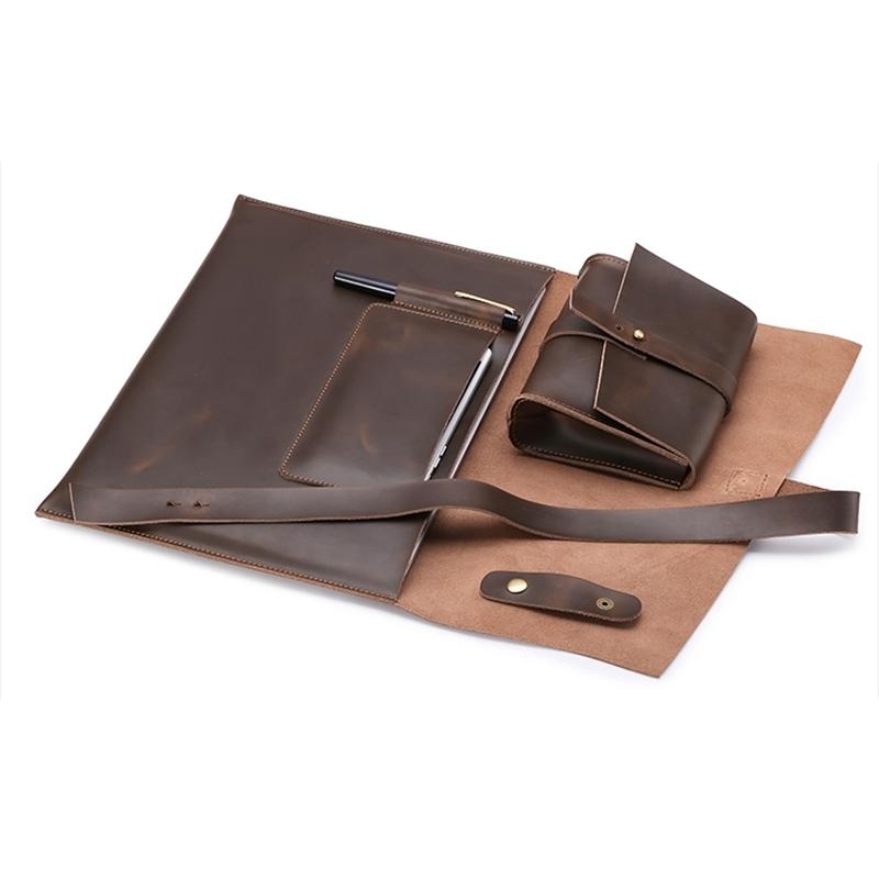 13.3 Inch Genuine Leather Laptop Bag With Power Adapter And Cable Winder - Rufous
