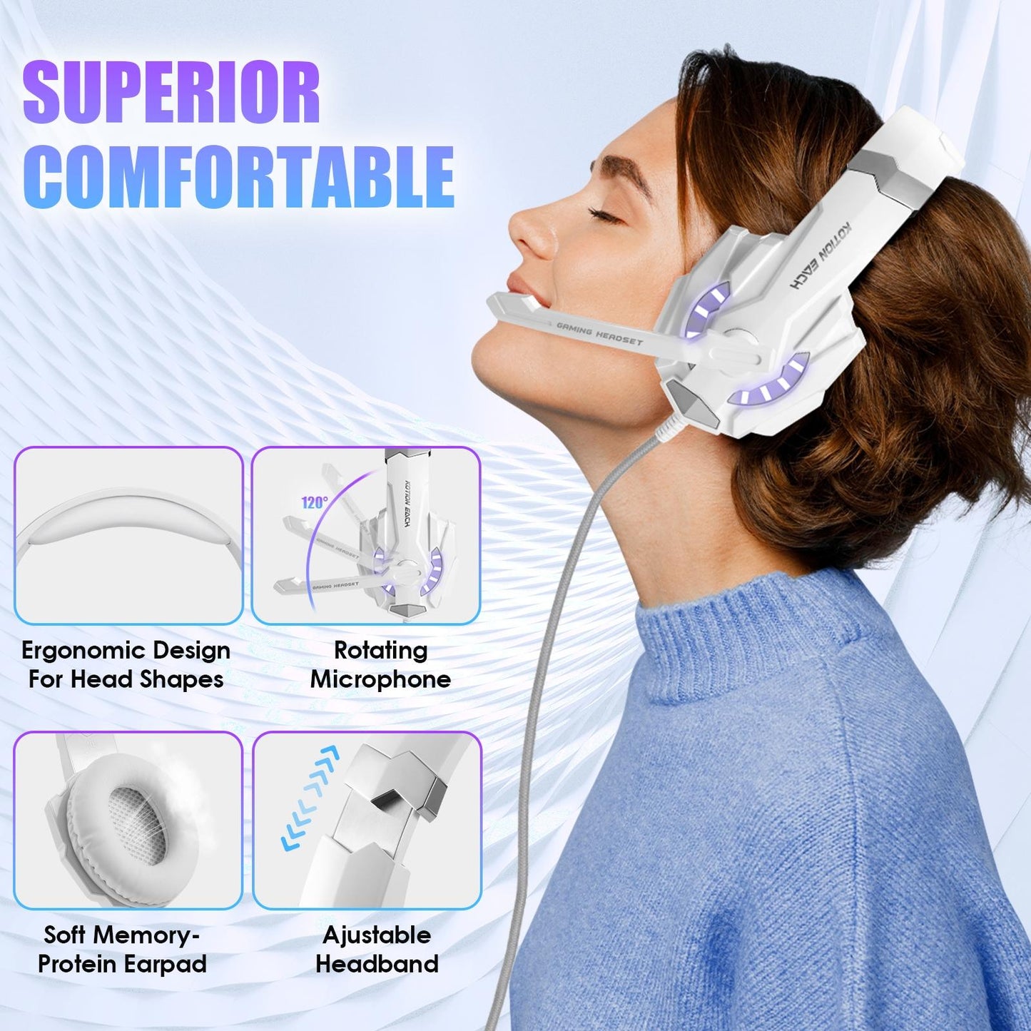 3.5Mm Gaming Headset With Mic & Led For Laptop / Phone - White