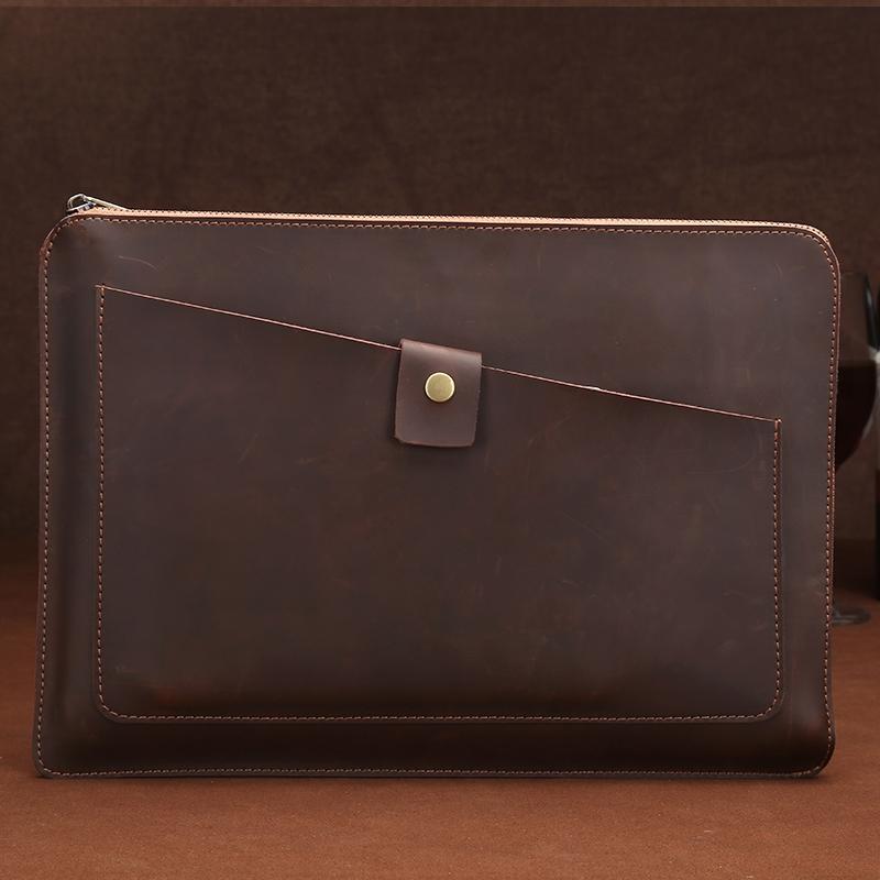 Premium Leather Business Laptop / Tablet Zipper Bag - Universal Fit - Brown