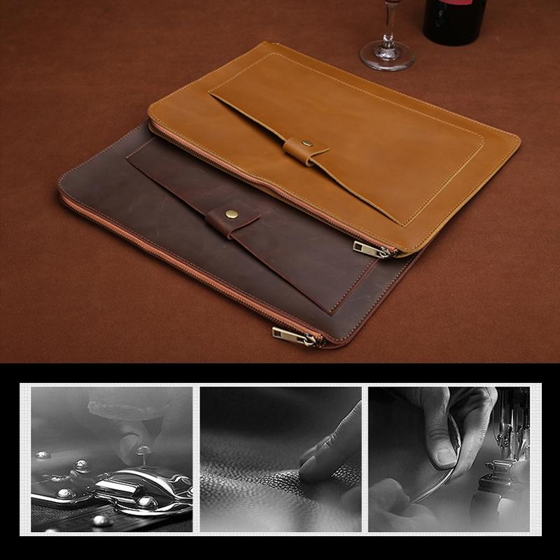 Premium Leather Business Laptop / Tablet Zipper Bag - Universal Fit - Brown