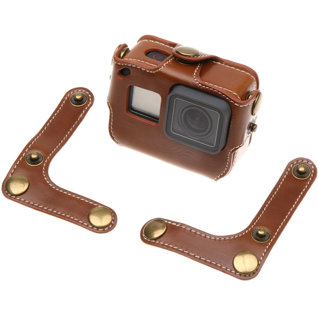 Leather Housing Case with Neck Strap and Buttons for Gopro Hero7 / 6 / 5 - Black - Brown