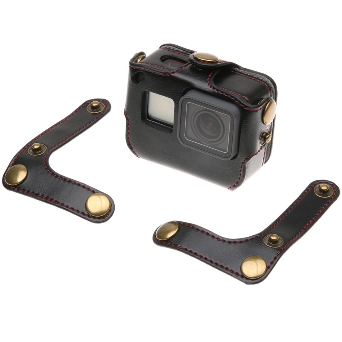 Leather Housing Case with Neck Strap and Buttons for Gopro Hero7 / 6 / 5 - Black - Brown