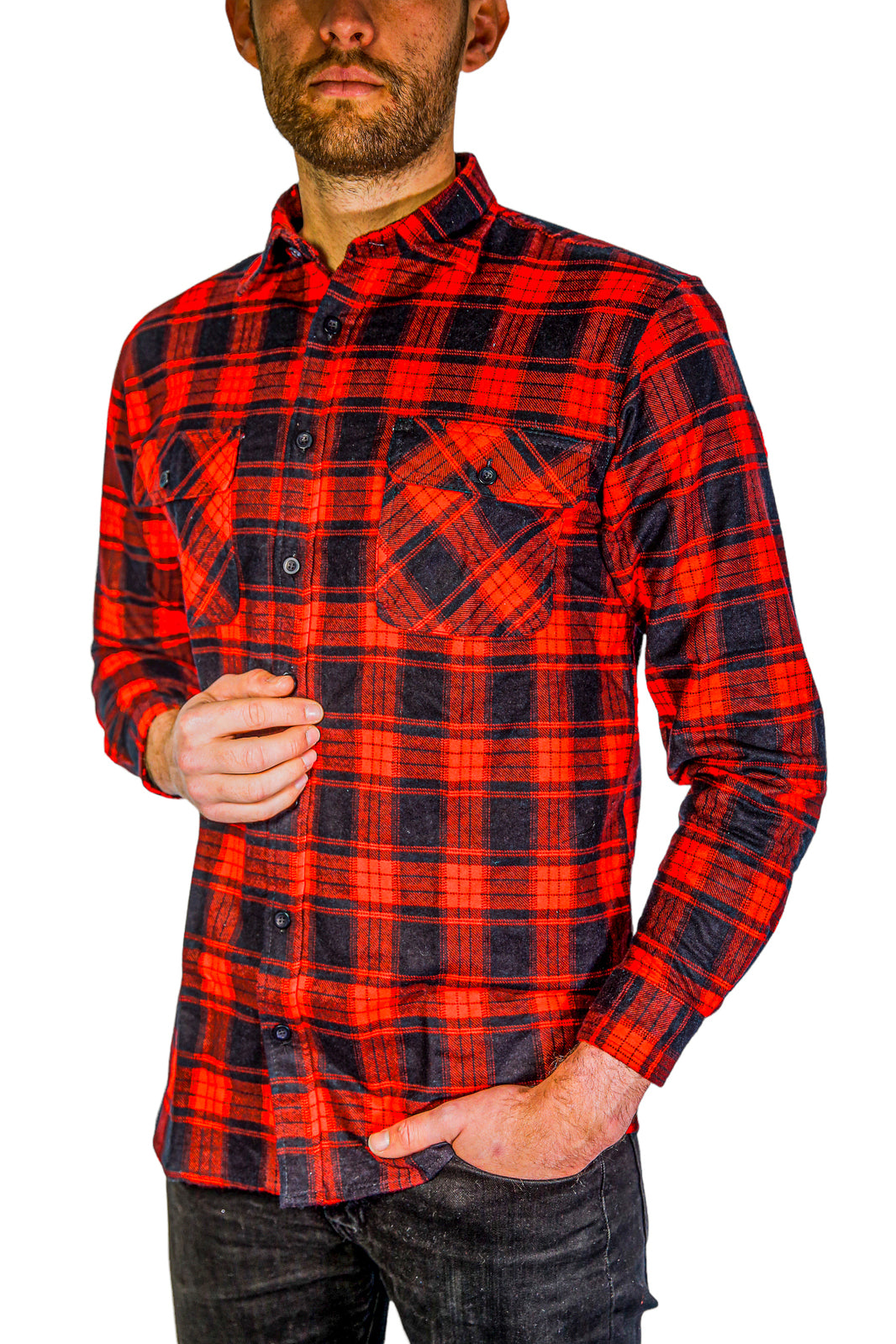 Mens Flannelette Long Sleeve Shirt 100% Cotton Check Authentic Flannel - Full Placket - Red - 8XL