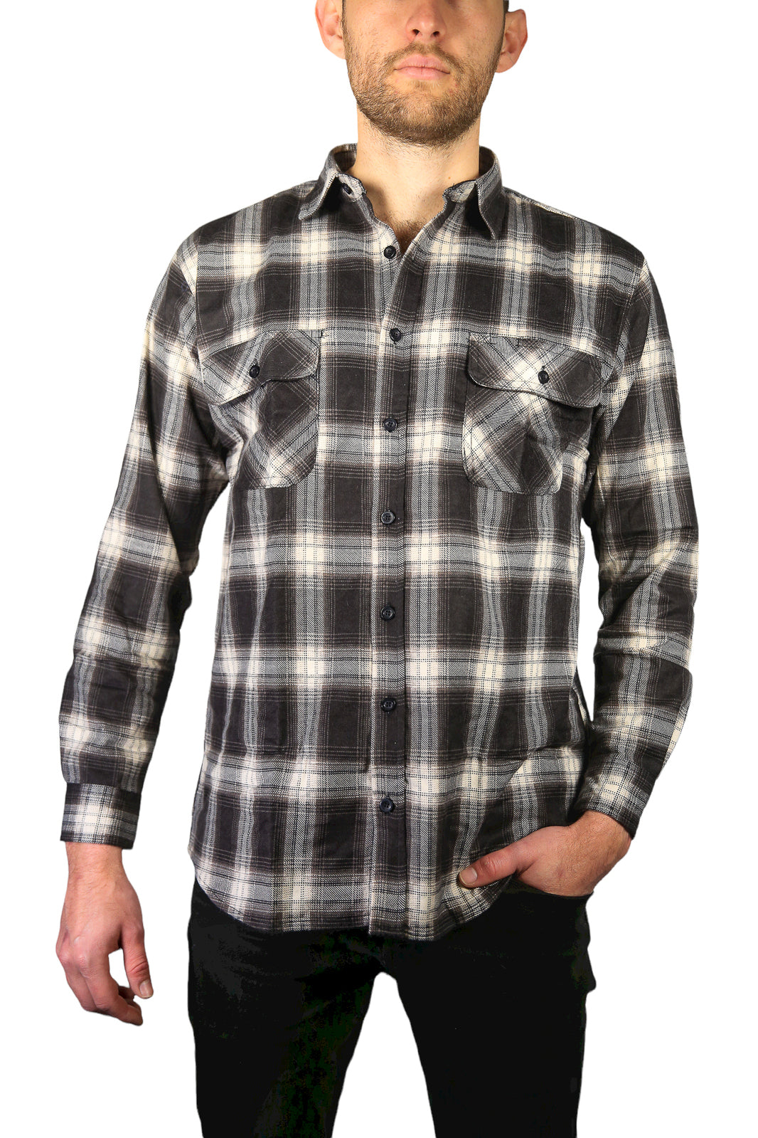 Mens Flannelette Long Sleeve Shirt 100% Cotton Check Authentic Flannel - Full Placket - Black - 5XL