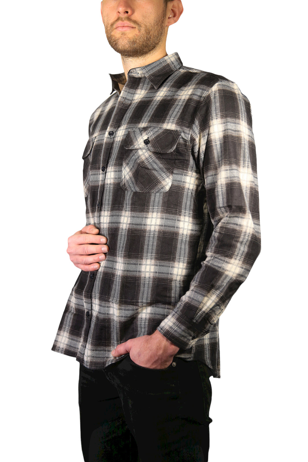Mens Flannelette Long Sleeve Shirt 100% Cotton Check Authentic Flannel - Full Placket - Black - 8XL