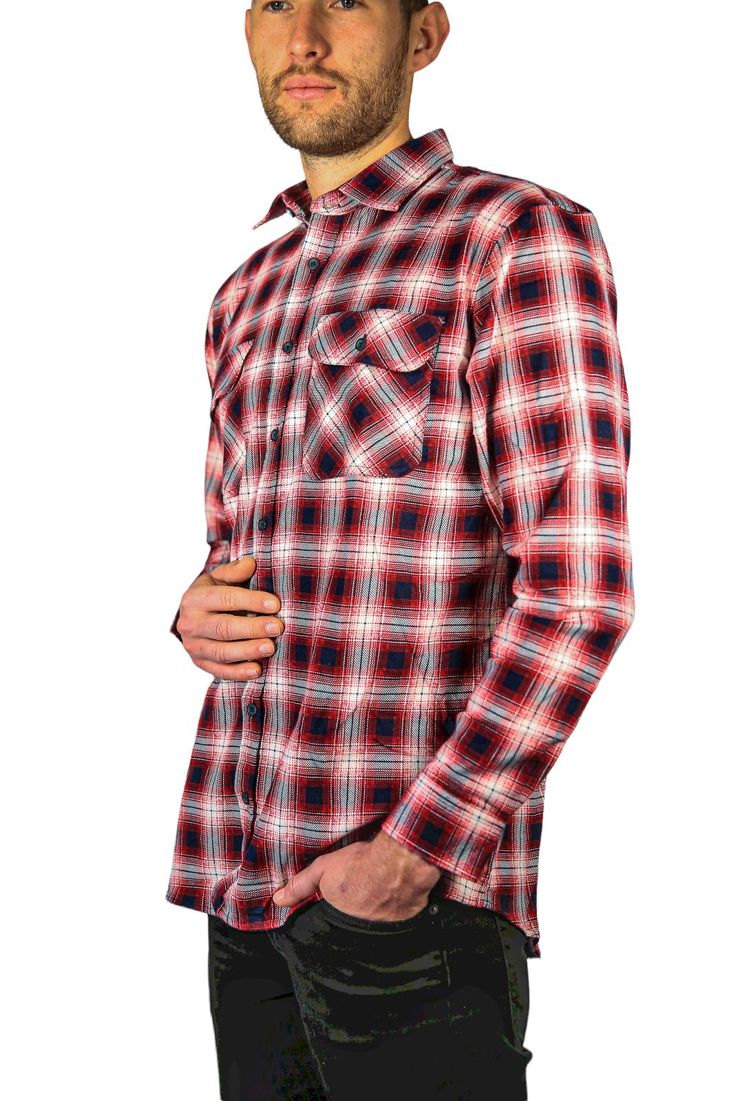 Mens 100% Cotton Flannelette Shirt Long Sleeve Check Authentic Flannel - Red/Navy - XXL