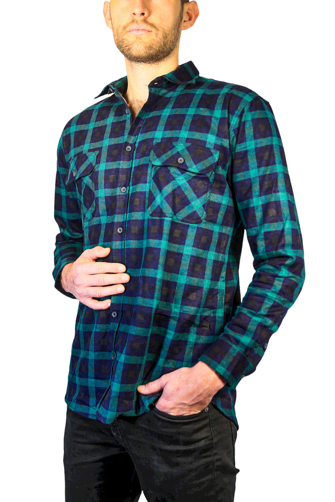 Mens 100% Cotton Flannelette Shirt Long Sleeve Check Authentic Flannel - Green/Navy - 4XL