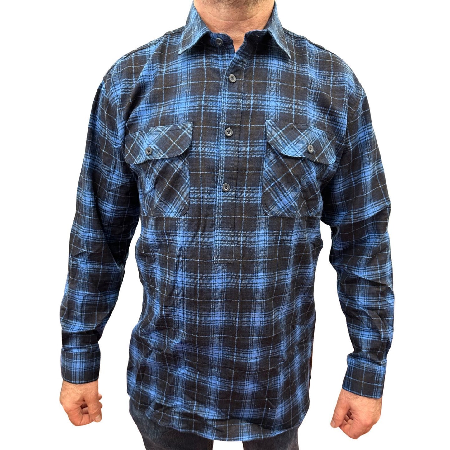 Mens Flannelette Long Sleeve Pullover Shirt 100% Cotton Flannel - Half Placket - Blue - 3XL