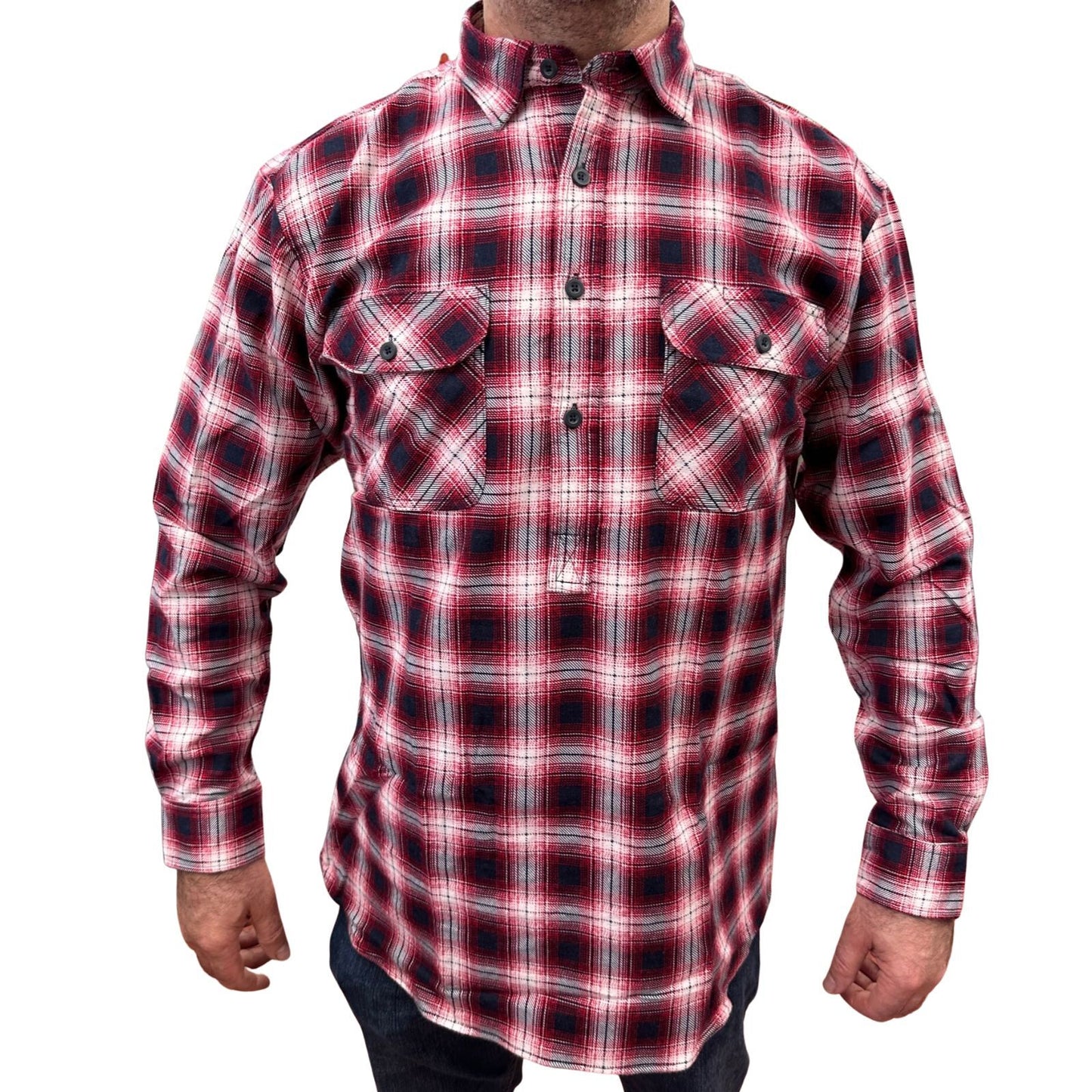 Mens Flannelette Long Sleeve Pullover Shirt 100% Cotton Flannel - Half Placket - Red/Black - XL
