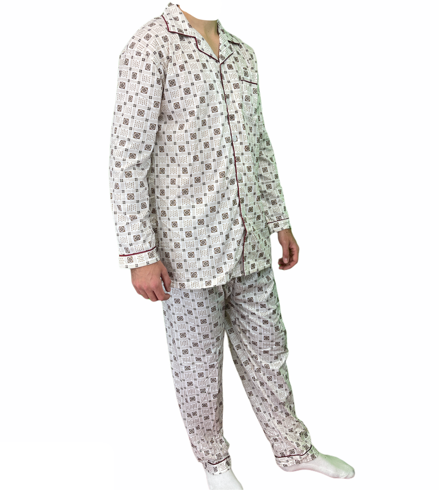 Mens Cotton Pajamas Pyjamas PJs Long Sleeve Shirt Tops + Pants Set Sleepwear - White/Brown - XL