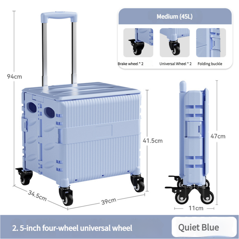 Foldable Rolling Storage Cart with Telescopic Handle - Large Capacity, Portable Utility Box 45L blue