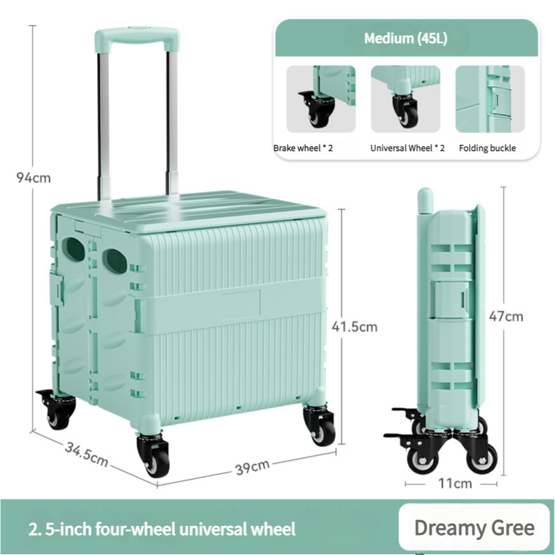 Foldable Rolling Storage Cart with Telescopic Handle - Large Capacity, Portable Utility Box 45L blue