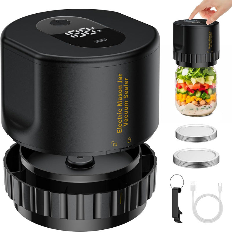Portable Vacuum Sealer for Mason Jars, KZ-80S (Automatic stop) - Black Electric Food Preservation Machine with LED Display