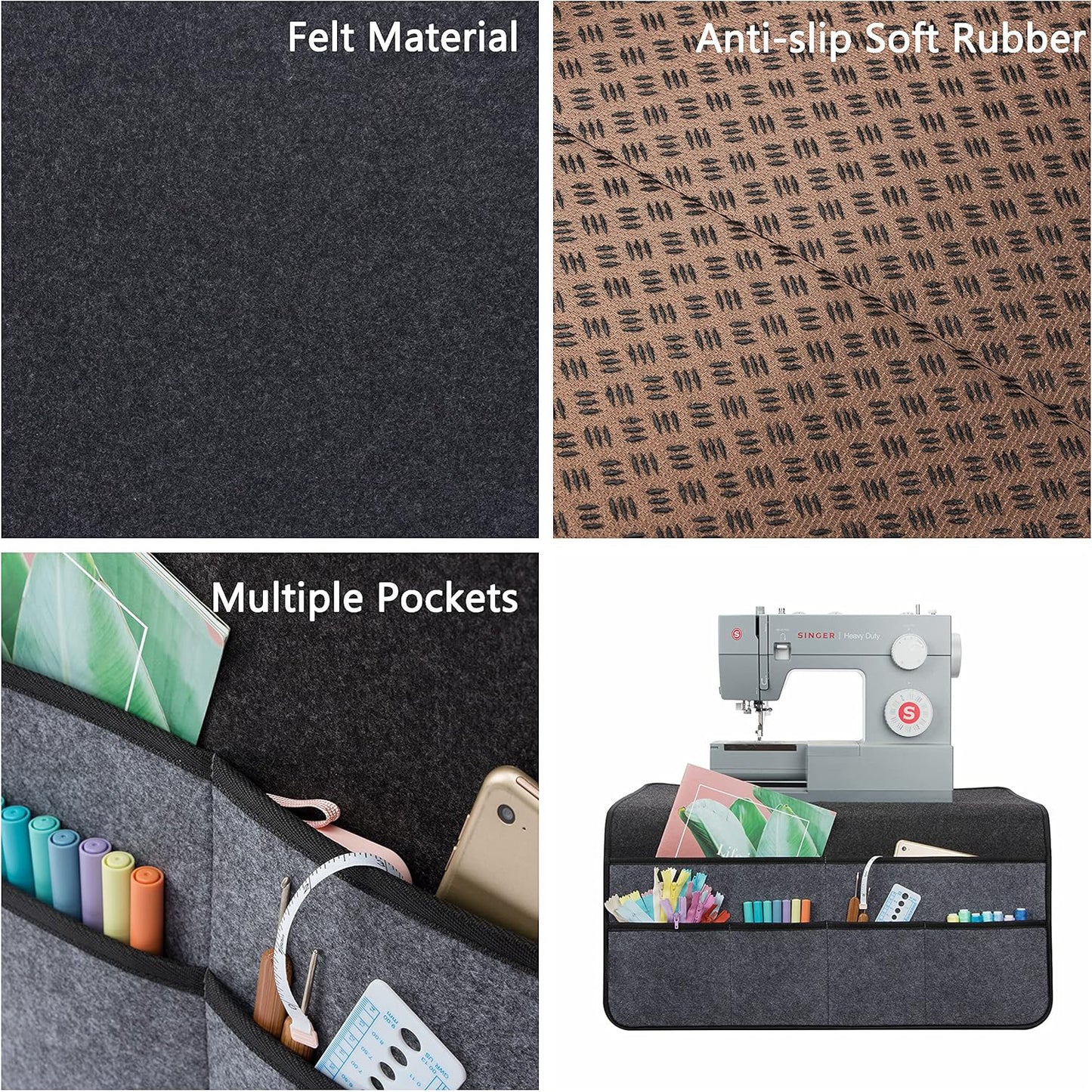 Black Felt Sewing Machine Mat with Multi-Pocket Storage Organizer
