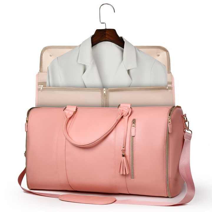 Pink PU Leather Foldable Garment Bag, Women's Travel Duffel with Suit Carrier, Multi-Function Storage