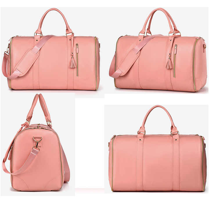 Pink PU Leather Foldable Garment Bag, Women's Travel Duffel with Suit Carrier, Multi-Function Storage