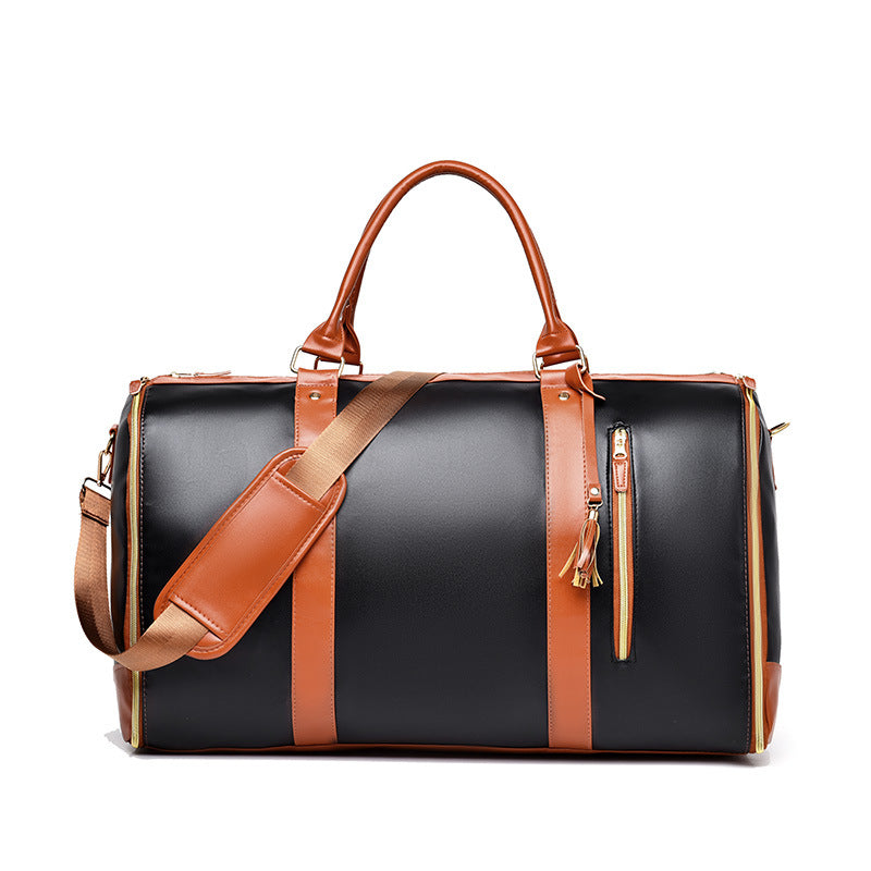 Black And Brown PU Leather Foldable Garment Bag, Women's Travel Duffel with Suit Carrier, Multi-Function Storage