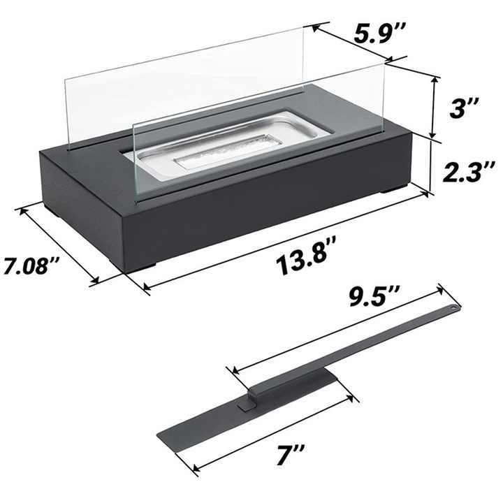 Not removable Portable Tabletop Bioethanol Fireplace - Black Rectangular Design with Glass Shields
