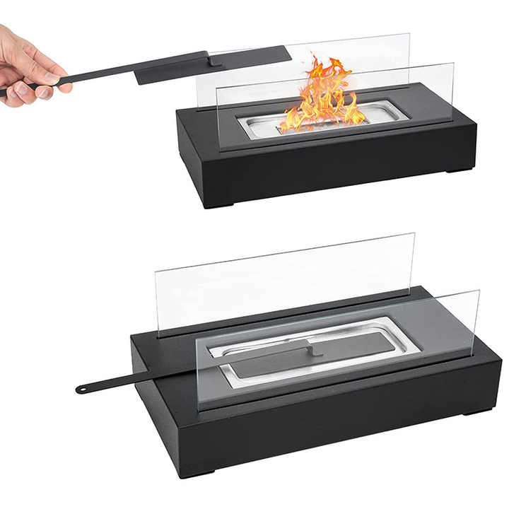 Not removable Portable Tabletop Bioethanol Fireplace - Black Rectangular Design with Glass Shields