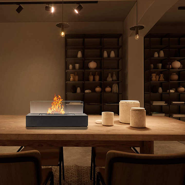 Not removable Portable Tabletop Bioethanol Fireplace - Black Rectangular Design with Glass Shields