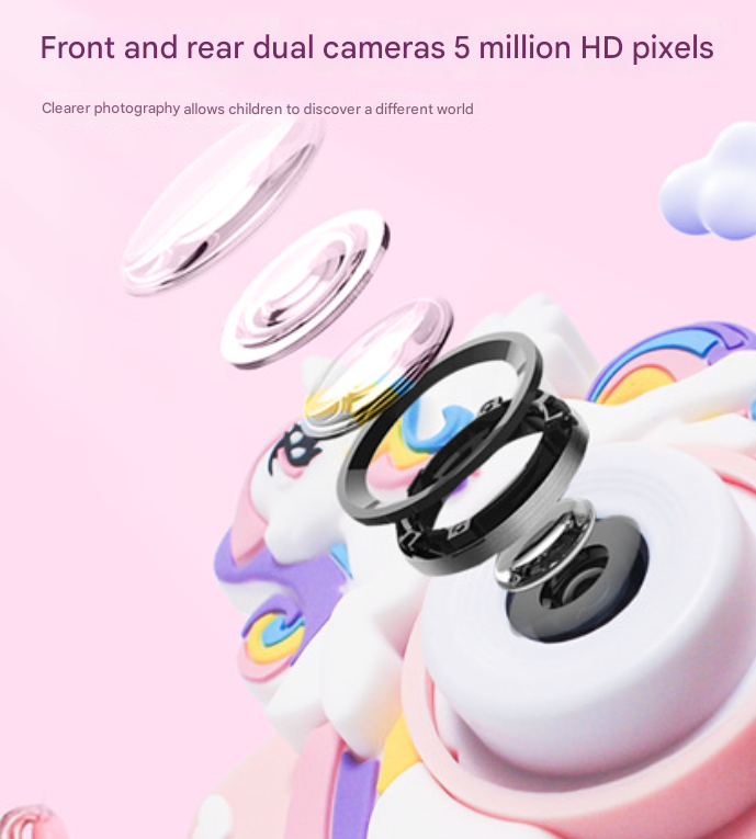 Pink Unicorn Motifs Cute Kids Digital Camera - Cat-Themed HD Camera with 32GB Memory Card