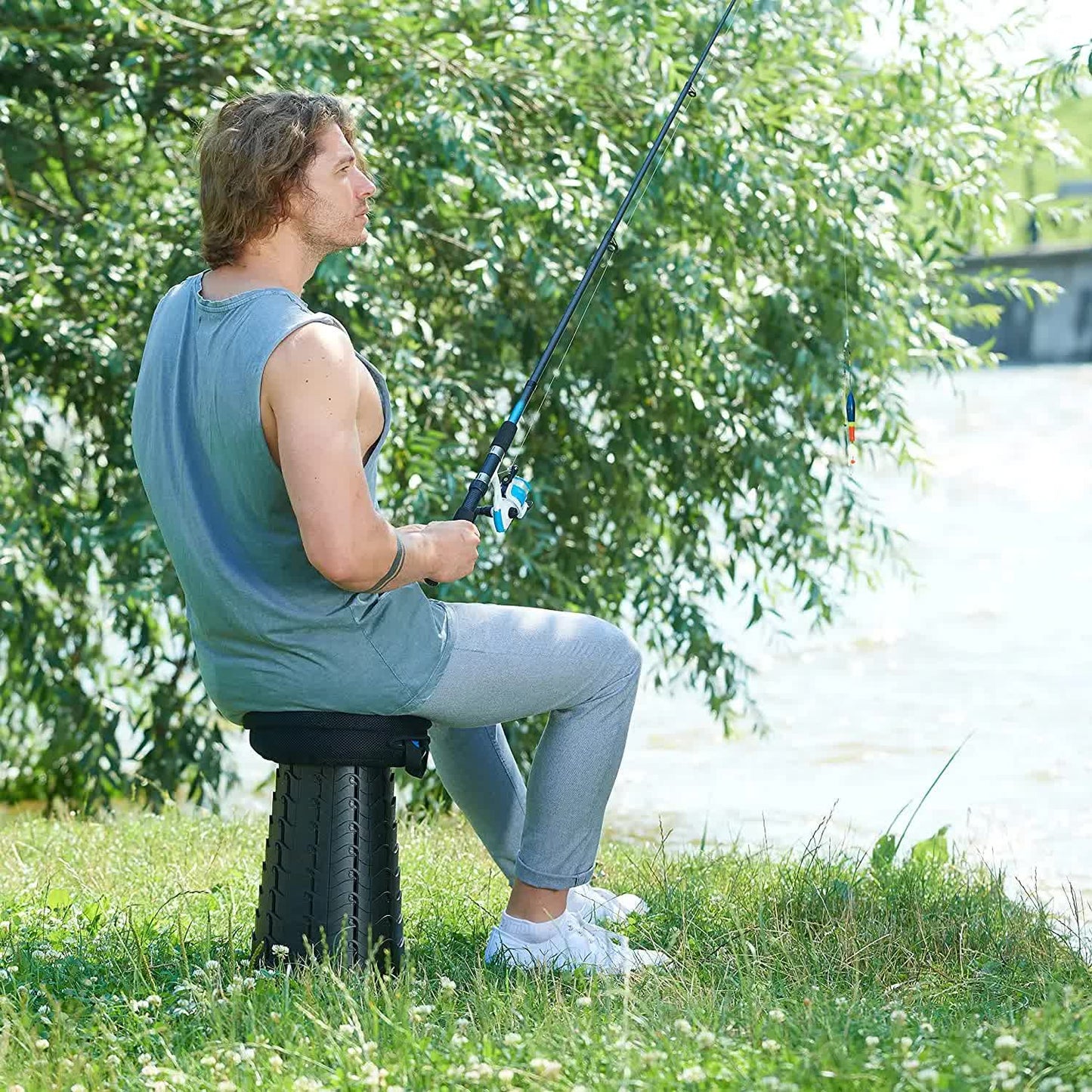 Rainbow Color Stitching Blue Portable Outdoor Telescopic Folding Stool with 100 Weight-Bearing Buckles, Lightweight and Compact Design, Perfect for Fishing, Camping, and Travel