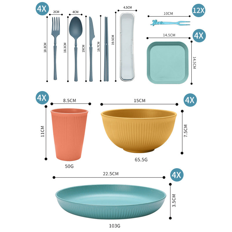 Four-person Set Multicolor Eco-Friendly Wheat Straw Dinnerware Set, Plate, Bowl, Cup & Utensil Set - Lightweight, Reusable, and Durable for Home, School, and Travel