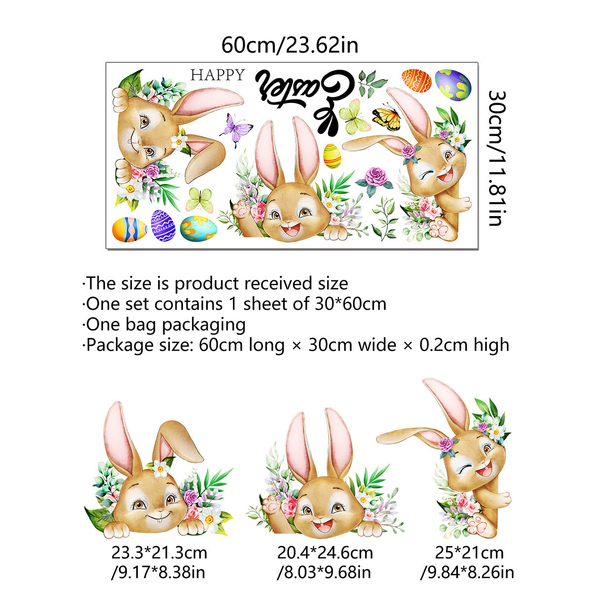 3 Sheet, Creative Easter Bunny & Egg Window Decal - Adhesive Wall Stickers for Living Room & Bedroom (60cm x 30cm)