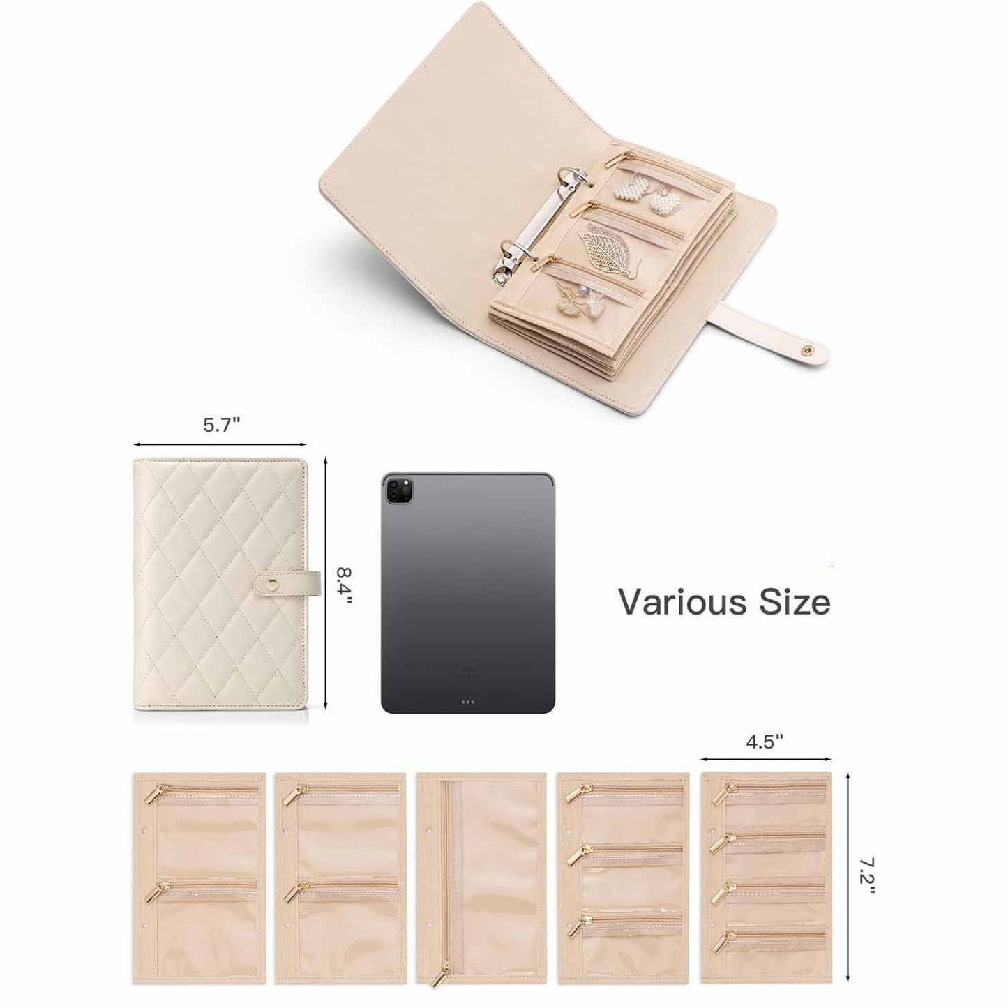 White Elegant Quilted Travel Jewelry Organizer Binder - Portable Loose-Leaf Storage Book with Clear Zipper Pockets for Earrings, Necklaces, Rings
