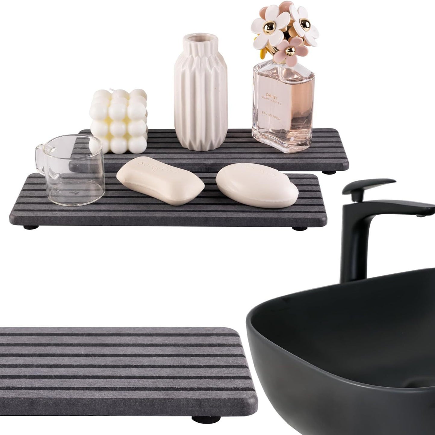 6 Slotted White 2-Piece Rectangular Diatomaceous Earth Coaster Set - Absorbent Grooved Mat for Sink and Bathroom