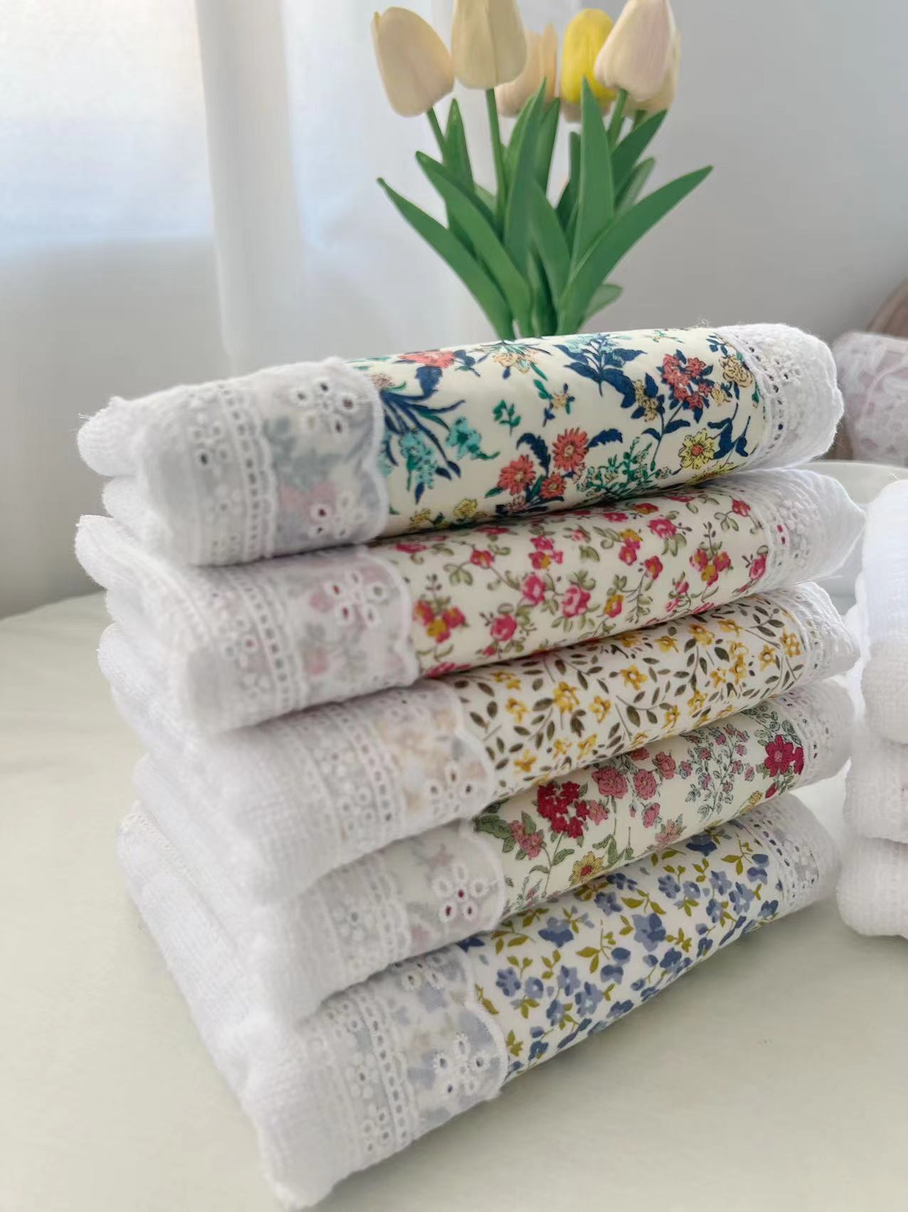 2 PCS Green Small Flower 100% Cotton Solid Color Thickened Adult Face Towel with Floral Soft Texture - 35 x 75cm