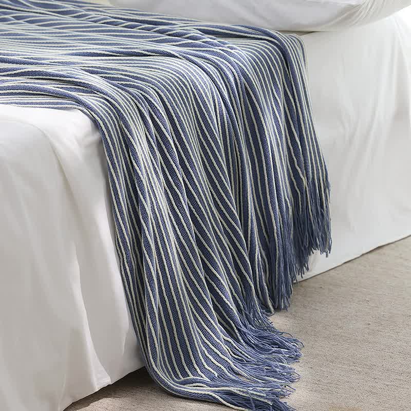Blue Cozy Knit Throw Blanket with Fringe – Stylish Striped Bed End Cover, 127x170cm