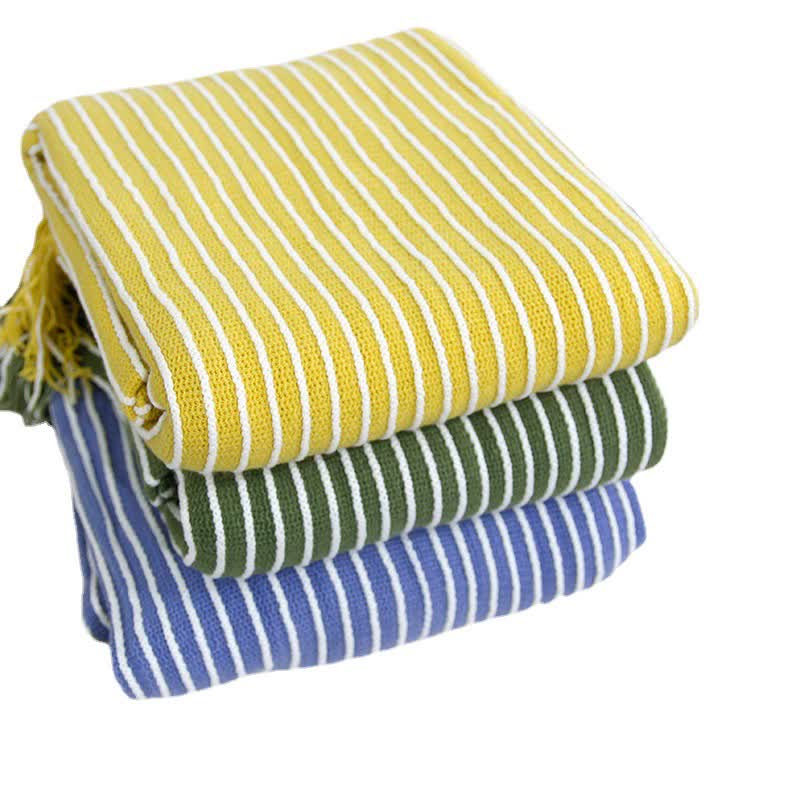 Blue Cozy Knit Throw Blanket with Fringe - Stylish Striped Bed End Cover, 127x220CM
