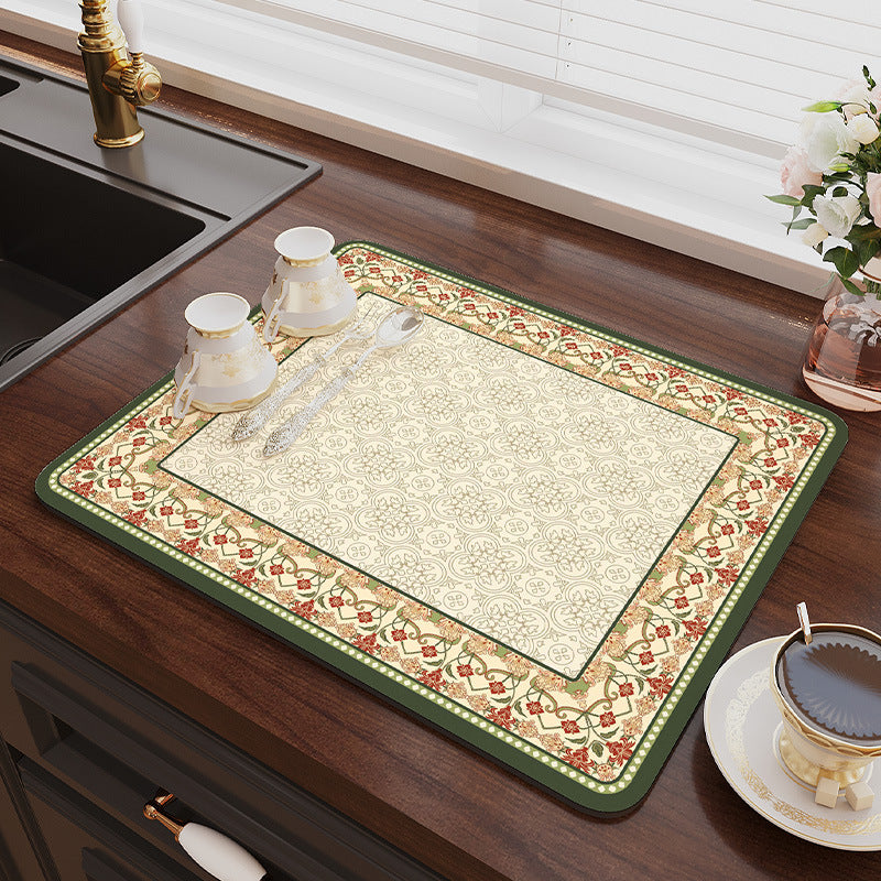 Green flowers Kitchen Drying Mat - Super Absorbent Dish & Cup Drainer Pad 40x50cm