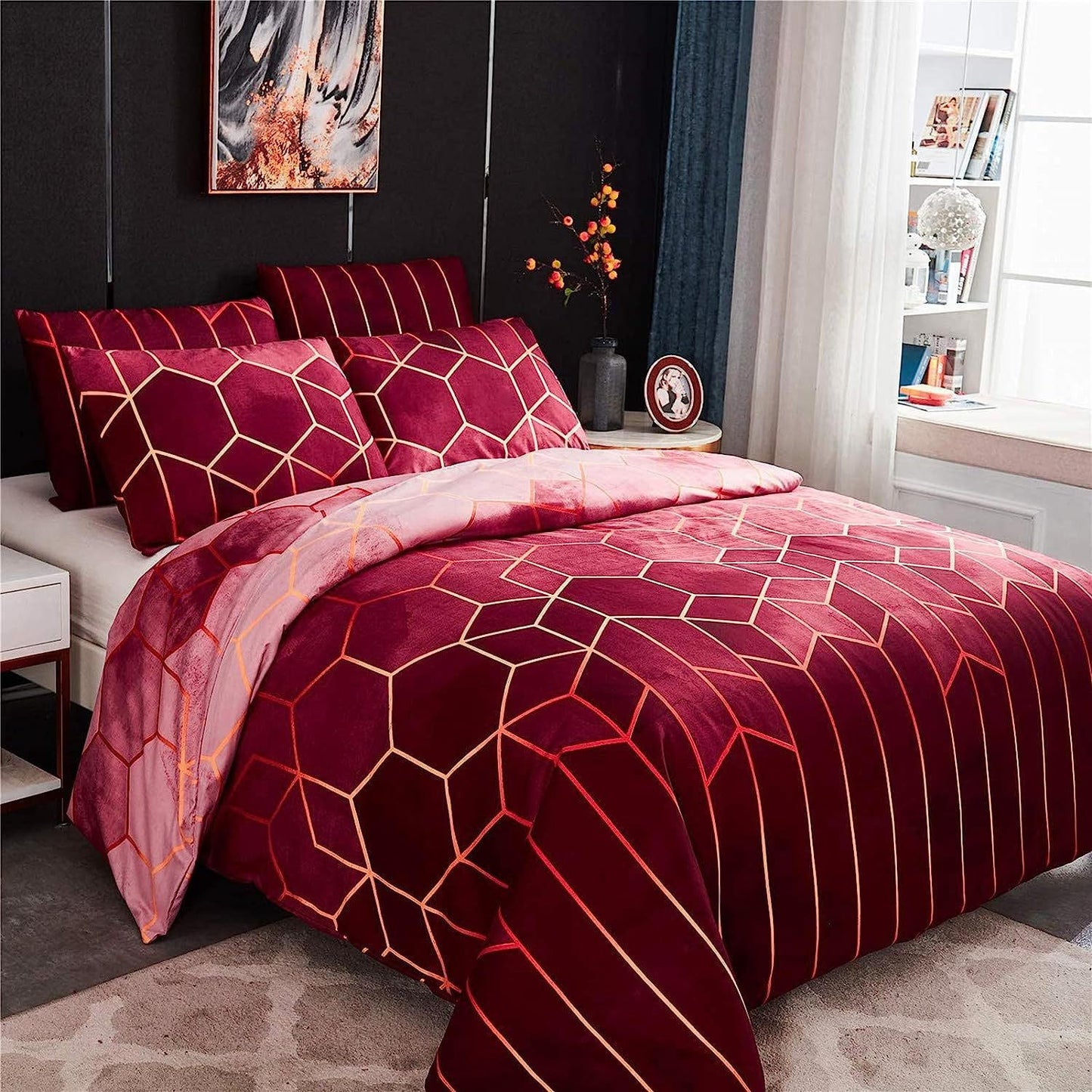 Geometric Print Duvet Cover - 3 Piece Red Ombre Bedding Set Quilt cover 230X265cm-Pillowcase 51X92cm