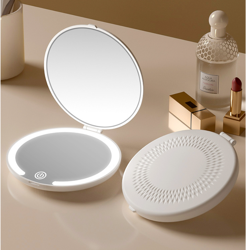 Khaki Portable LED Makeup Mirror with Tricolor Lights - Rechargeable Folding Travel Mirror
