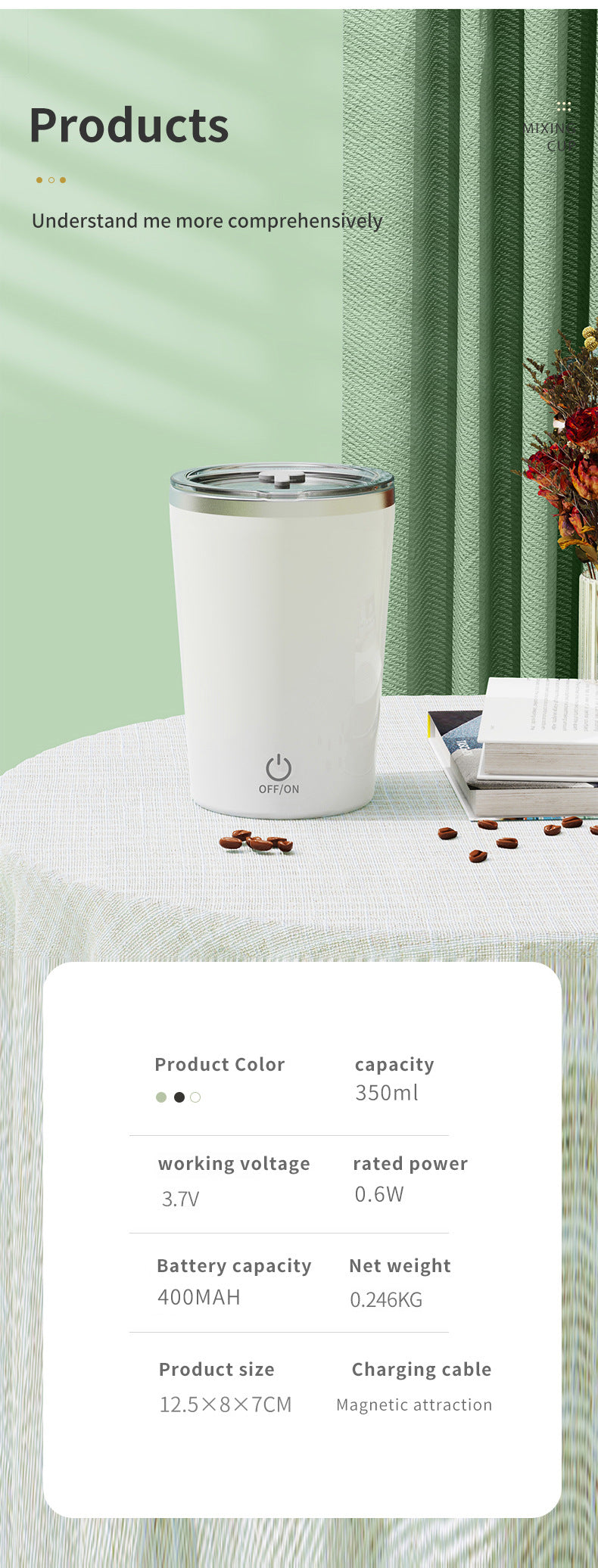 White Portable Automatic Mixing Coffee Cup - Stainless Steel Magnetic Stirrer(No handle)