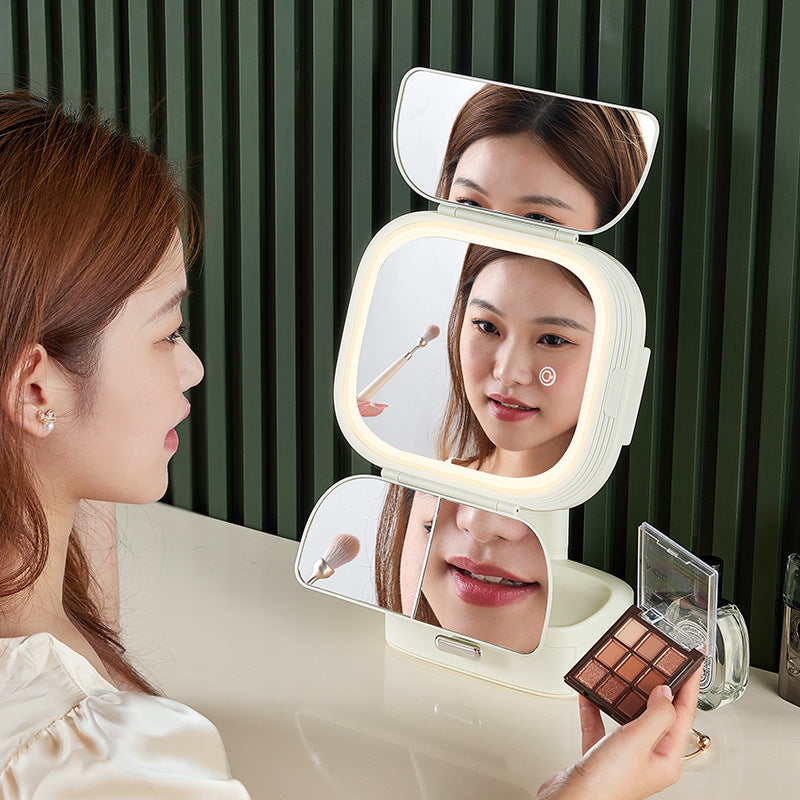 White LED Lighted Tri-Fold Makeup Mirror with Storage Drawer & Magnification(USB Charging Port)