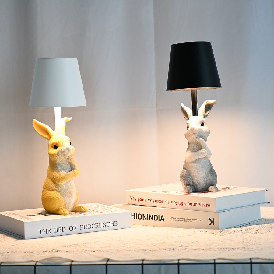 White Bunny White Lampshade Adorable Rabbit Resin Table Lamp - 3-Color LED, USB Rechargeable, Touch Dimming