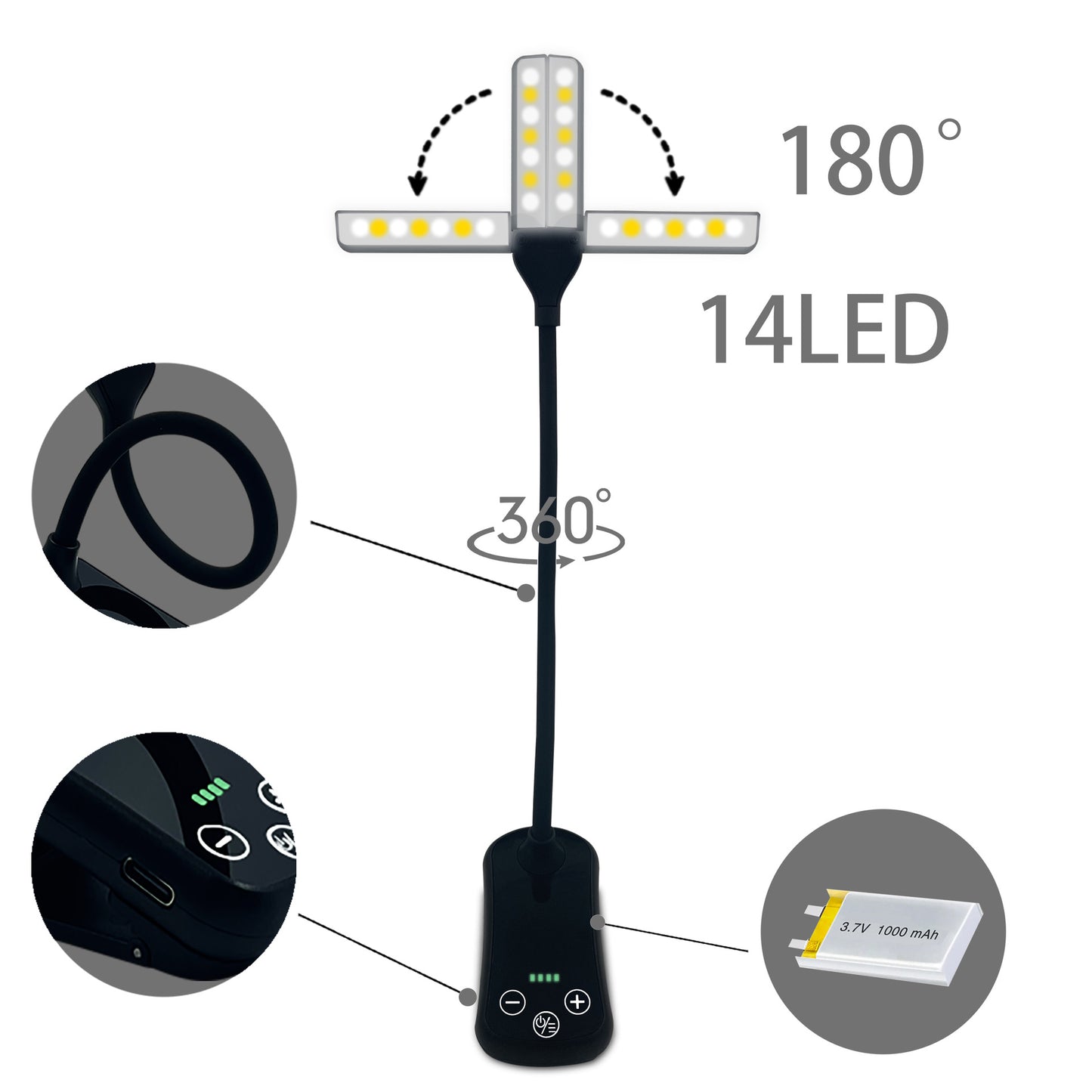 Black Rechargeable Dual-Head Clip-On Book Light - Touch Control Reading Lamp with Eye Protection