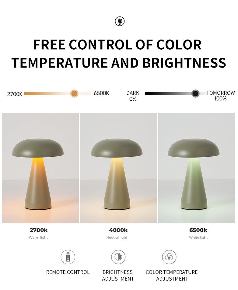 Black Metal Mushroom Table Lamp - Rechargeable Touch Control Ambient Light with Remote