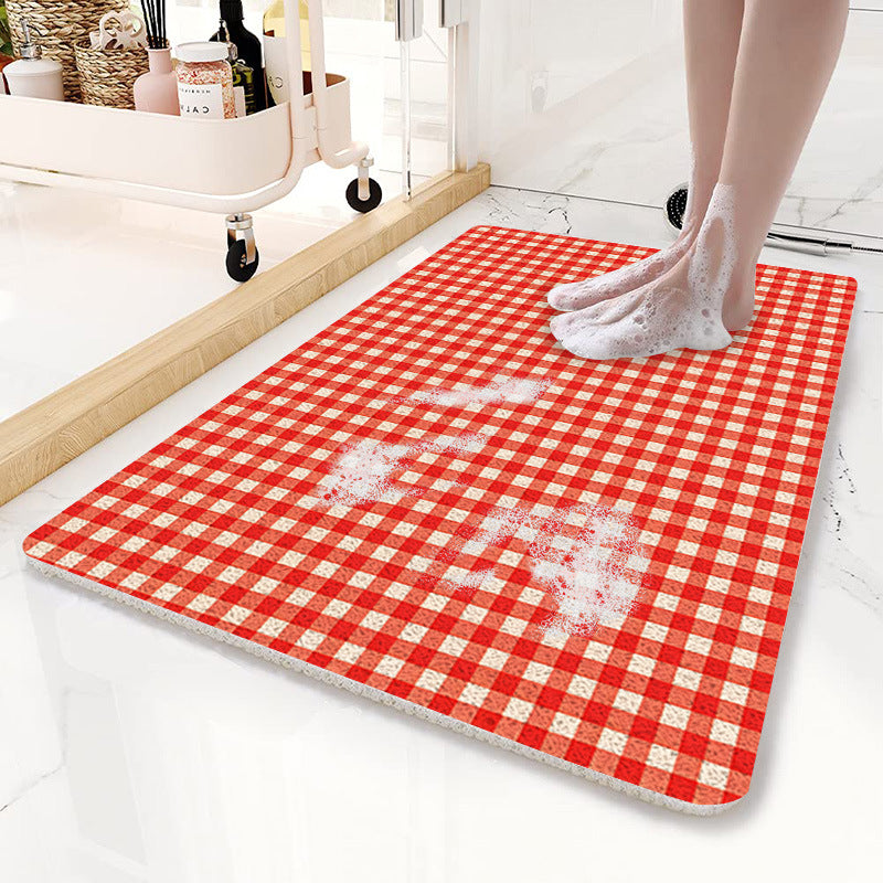 Red Plaid Pattern PVC Non-Slip Bath Mat 50x80cm - Shower Drain Hole Design, Soft & Quick-Dry Bathroom Rug