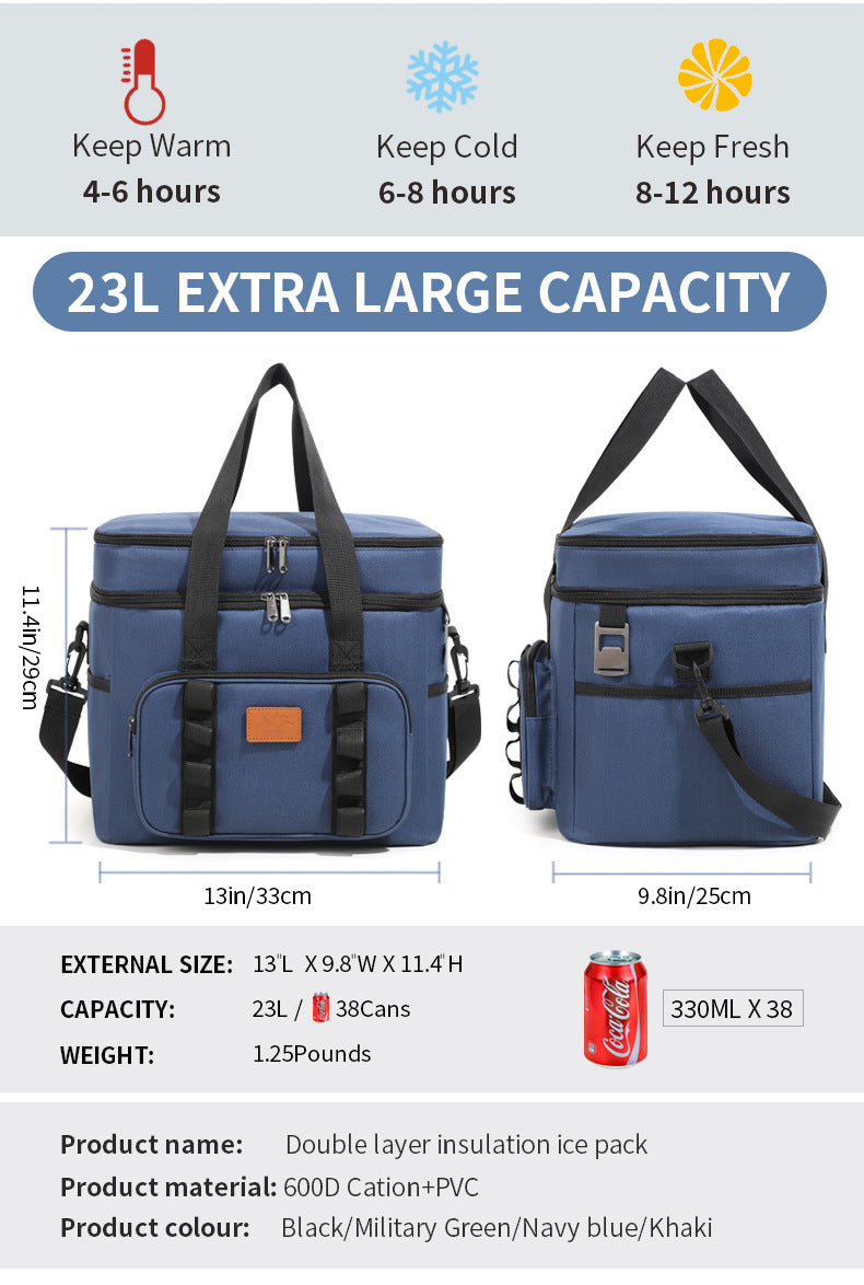 Green 23L Extra Large Insulated Cooler Bag with Double Layers - Perfect for Camping, Picnics, and Outdoor Adventures