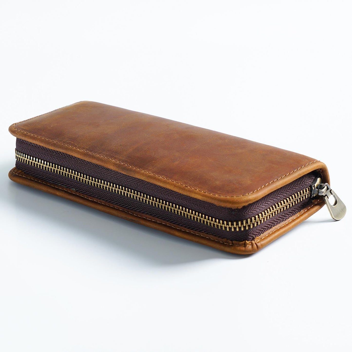 Brown Genuine Leather Pencil Case - Vintage Zip-Up Pen Holder with Elastic Loops