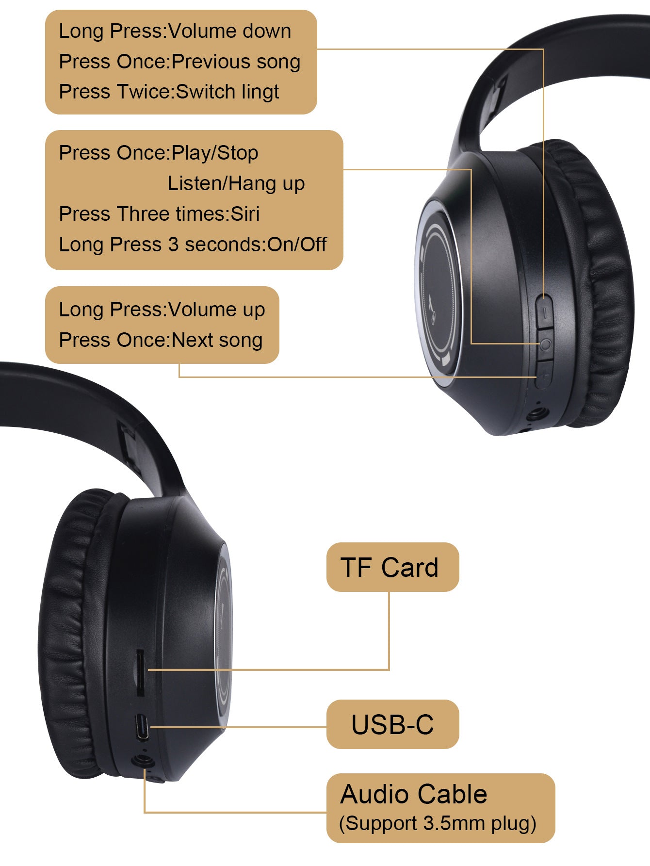 White Bluetooth 5.2 Headphones - Foldable, Adjustable Headband, TF Card
