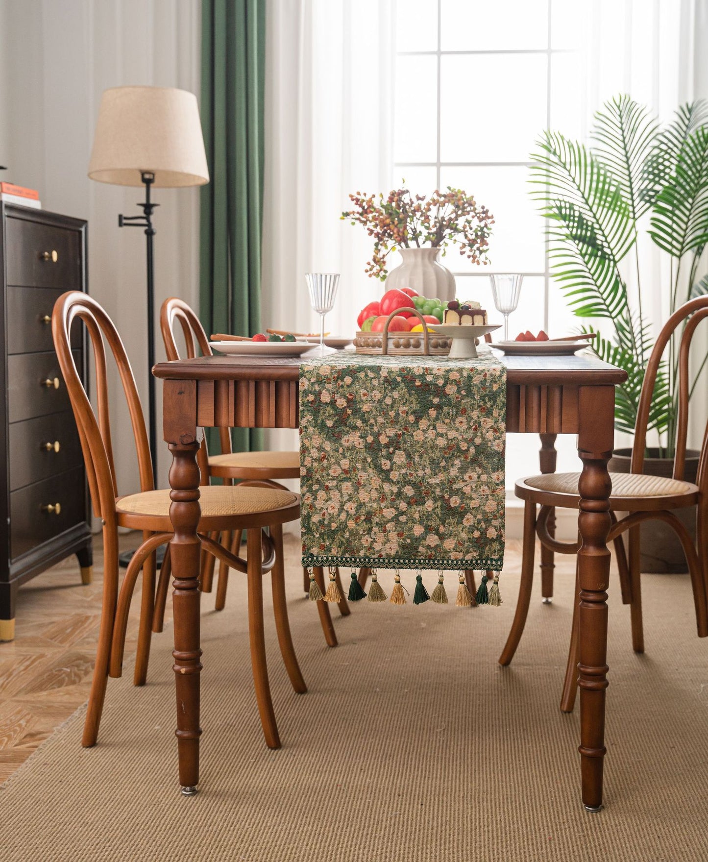 Floral Table Runner with Tassels - Jacquard Green Farmhouse Style (33x275cm)