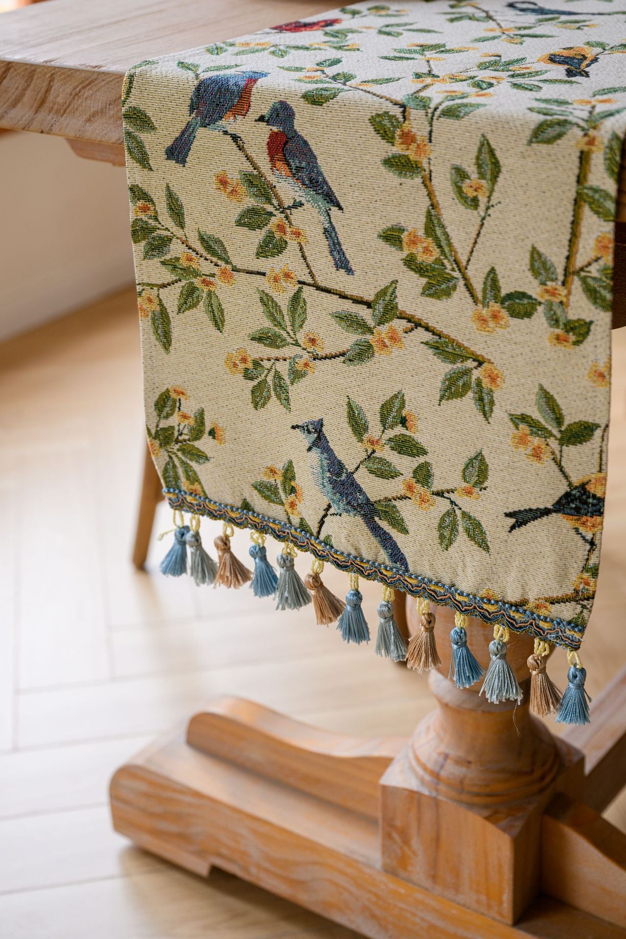 2 PCS Birds & Branch Table Runner - Jacquard Woven Beige with Tassels(33X140CM)